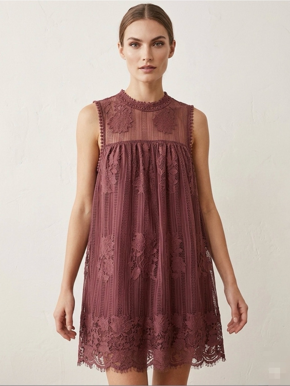 Lace Burgundy Maroon Sleeveless Brunch Modest Prairie Baby Doll Dress